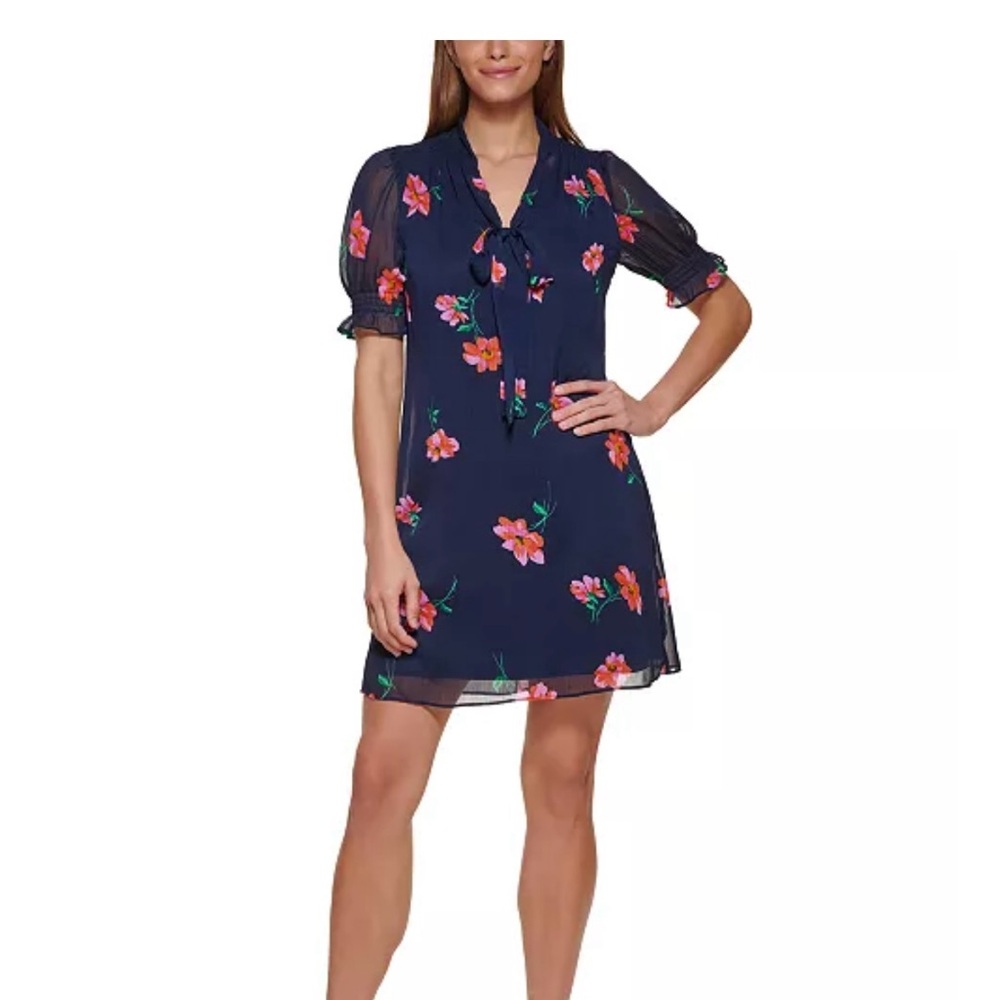 DKNY Short Sleeved Navy Swing Dress with Subtle Patterns